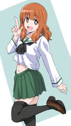Rule 34 | 1girl, black neckerchief, black thighhighs, blouse, blunt bangs, bright pupils, brown footwear, commentary, from side, girls und panzer, green skirt, highres, leg up, loafers, long hair, long sleeves, looking at viewer, midriff, miniskirt, navel, neckerchief, ooarai school uniform, open mouth, orange eyes, orange hair, pleated skirt, ponzu rui, sailor collar, school uniform, serafuku, shirt, shoes, skirt, smile, solo, standing, standing on one leg, takebe saori, thighhighs, white pupils, white sailor collar, white shirt