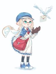 Rule 34 | 1girl, ajomo, bag, bird, black gloves, black socks, blue capelet, blue footwear, blue hat, blunt bangs, capelet, carrying, collared dress, dress, envelope, flat cap, full body, gloves, green eyes, grey hair, hat, highres, inkling, inkling girl, inkling player character, lace, lace-trimmed dress, lace trim, long hair, long sleeves, necktie, nintendo, open mouth, pleated dress, pointy ears, red necktie, satchel, shoes, simple background, smile, socks, solo, splatoon (series), splatoon 1, standing, tentacle hair, white background, white dress, wind, wind lift