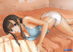 Rule 34 | 1girl, arm support, artist name, ass, back, bare shoulders, bed, black hair, blue eyes, blue shirt, breasts, cleavage, collarbone, female focus, fingernails, huge breasts, indoors, large breasts, legs, lingerie, long hair, looking at viewer, lying, midriff, moriya naoki, on bed, on side, original, outstretched arm, panties, pants, parted lips, shiny skin, shirt, shorts, sideboob, sidelocks, solo, sunlight, tank top, thighs, underwear, wall, watermark, white panties, white pants