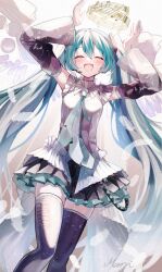 Rule 34 | 1girl, aqua hair, aqua nails, aqua necktie, arms up, black skirt, black thighhighs, closed eyes, detached sleeves, falling feathers, feathers, hair ornament, hatsune miku, hatsune miku happy 16th birthday -dear creators-, highres, mani (second-dimension), musical note, necktie, pleated skirt, skirt, solo, thighhighs, twintails, vocaloid, white feathers