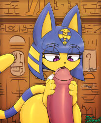 Rule 34 | 1boy, 1girl, absurdres, animal crossing, animal ears, ankha (animal crossing), cat, cat ears, cat girl, cat tail, colored skin, curvy, egyptian, erection, faceless, faceless male, fellatio, furry, furry female, handjob, hetero, highres, huge penis, large penis, licking, licking penis, looking at penis, looking down, miso souperstar, motion lines, nintendo, oral, penis, penis grab, purple eyes, sound effects, tail, thick thighs, thighs, tongue, tongue out, wide hips, yellow skin