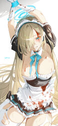 Rule 34 | 1girl, apron, asuna (blue archive), blood, blood on face, blue archive, blue eyes, blush, breasts, elbow gloves, frilled apron, frills, gloves, hair over one eye, haruri, highres, large breasts, light brown hair, long hair, maid, maid apron, maid headdress, mole, mole on breast, open mouth, pantyhose, solo, torn apron, torn clothes, torn gloves, torn pantyhose, white apron, white gloves, white pantyhose