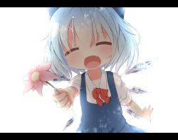 Rule 34 | 1girl, akisha, bad id, bad pixiv id, blue hair, bow, cirno, closed eyes, fang, flower, hair bow, ice, letterboxed, open mouth, short hair, smile, solo, touhou, wings