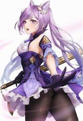 Rule 34 | 1girl, ass, breasts, cone hair bun, double bun, dress, expulse, from side, genshin impact, gloves, hair bun, highres, holding, holding weapon, keqing (genshin impact), light purple hair, long hair, medium breasts, pants, pink eyes, purple gloves, sideboob, skirt, solo, twintails, weapon