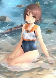 Rule 34 | 10s, 1girl, aircraft, airplane, bad id, bad pixiv id, bare arms, bare legs, barefoot, brown eyes, brown hair, collarbone, highres, i-401 (kancolle), jenson tw, kantai collection, one-piece swimsuit, open mouth, ponytail, sailor collar, sailor shirt, school swimsuit, shirt, short hair, sitting, sleeveless, smile, solo, swimsuit, teeth, wariza, water
