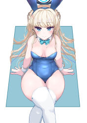 Rule 34 | 1girl, absurdres, animal ears, aqua bow, aqua bowtie, bare shoulders, blonde hair, blue archive, blue eyes, blue leotard, bow, bowtie, breasts, cleavage, commentary, covered navel, detached collar, fake animal ears, genjou92, halo, highres, leotard, long hair, looking at viewer, medium breasts, official alternate costume, playboy bunny, rabbit ears, simple background, sitting, solo, thighhighs, thighs, toki (blue archive), toki (bunny) (blue archive), white background, white thighhighs