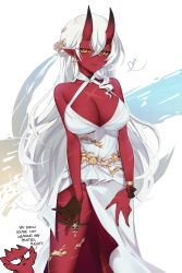 Rule 34 | 1girl, akumi (yoclesh), black gloves, bracelet, breasts, cleavage, colored skin, crossed bangs, dress, earrings, gloves, groin, hair between eyes, highres, horns, jewelry, large breasts, long hair, looking at viewer, no panties, oni, oni horns, red horns, red skin, scar, scar on chest, scar on leg, single earring, single glove, thigh strap, thighs, virtual youtuber, vyugen, white dress, white hair, yoclesh
