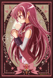 Rule 34 | 1girl, art nouveau, artist name, bare shoulders, bow, character name, closed mouth, commentary request, detached sleeves, dress, from side, gem, highres, long hair, magical girl, mahou shoujo madoka magica, mahou shoujo madoka magica (anime), own hands together, pink bow, pink skirt, pleated skirt, red dress, red hair, sakura kyoko, sakura kyoko (magical girl), signature, skirt, sleeveless, sleeveless dress, solo, white sleeves, yae harura