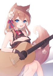 Rule 34 | 1girl, :d, acoustic guitar, akuo 11, animal ears, blue eyes, blush, bracelet, breasts, brown hair, cleavage, cleavage cutout, clothing cutout, crescent brooch, fang, flower, gloves, guitar, hair flower, hair ornament, hair ribbon, highres, hizuki rurufu, holding, holding instrument, instrument, jewelry, large breasts, long hair, neck ribbon, open mouth, ribbon, shirt, sleeveless, sleeveless shirt, smile, snack nili, solo, tail, tail flower, tail ornament, virtual youtuber