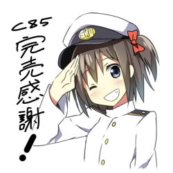 Rule 34 | 10s, 1girl, black eyes, black hair, female admiral (kancolle), hair ornament, hair ribbon, hat, kantai collection, one eye closed, original, ribbon, salute, short hair, sky-freedom, sky (sky-freedom), solo, twintails, uniform, wink