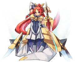 Rule 34 | 1girl, arc system works, armor, armored dress, blazblue, blazblue: chronophantasma, breasts, citolo, covered navel, detached sleeves, faulds, hair ornament, hair tubes, izayoi (blazblue), large breasts, long hair, ponytail, red hair, skin tight, solo, sword, weapon, white background