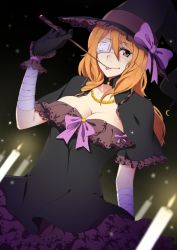 Rule 34 | 1girl, blonde hair, breasts, brown eyes, candle, cosplay, dress, eyepatch, frills, hat, jewelry, katja bohm, large breasts, long hair, missing stars, necklace, official art, ribbon, solo, tongue, tongue out, troyd, wand, witch, witch hat