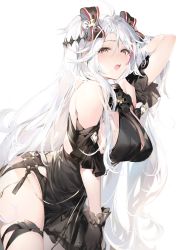 Rule 34 | 1girl, antenna hair, arm behind head, arm up, azur lane, bare shoulders, black dress, black gloves, blush, bow, breasts, dress, gloves, hair bow, highres, holding, holding own hair, large breasts, long hair, looking at viewer, mole, mole on breast, multicolored hair, open mouth, prinz eugen (azur lane), prinz eugen (cordial cornflower) (azur lane), sideboob, silver hair, simple background, solo, streaked hair, thighs, two side up, umibouzu (niito), white background, yellow eyes