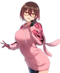 Rule 34 | 1girl, android, black-framed eyewear, breasts, brown hair, camouflage, commentary request, glasses, gradient hair, hair between eyes, hololive, hood, hoodie, large breasts, looking at viewer, mechanical arms, mozuku (honida1215), multicolored hair, no pants, open mouth, roboco-san, roboco-san (hoodie), short hair, smile, solo, sweater, virtual youtuber, yellow eyes