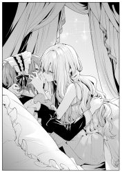 Rule 34 | 2girls, bed, blush, commentary request, curtains, eyebrows hidden by hair, closed eyes, greyscale, hand in another&#039;s hair, highres, indoors, kiss, long hair, maid, maid headdress, monochrome, multiple girls, on bed, original, pillow, short hair, sparkle background, yuri, zanka (the-only-neat)