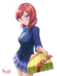 Rule 34 | 10s, 1girl, 2017, artist name, blazer, blurry, blush, bow, breasts, dated, depth of field, foreshortening, gift, highres, holding, holding gift, incoming gift, jacket, looking at viewer, love live!, love live! school idol project, medium breasts, nishikino maki, parted lips, purple eyes, red hair, school uniform, shamakho, short hair, simple background, skirt, solo, valentine, white background