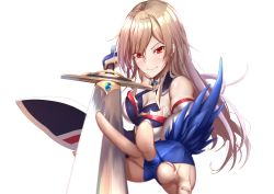 Rule 34 | 1girl, bare shoulders, blush, breasts, bridal gauntlets, brown hair, cropped torso, detached sleeves, furen e lustario, highres, holding, holding sword, holding weapon, large breasts, long hair, looking at viewer, nijisanji, pov, red eyes, shiroshisu, simple background, sleeveless, smile, sword, very long hair, virtual youtuber, weapon, white background