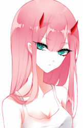 Rule 34 | 10s, 1girl, bare shoulders, breasts, chinese commentary, cleavage, collarbone, commentary request, darling in the franxx, eyes visible through hair, green eyes, hair between eyes, horns, long hair, looking at viewer, medium breasts, pink hair, red horns, sheya, shirt, sidelocks, simple background, solo, tank top, upper body, white background, white shirt, zero two (darling in the franxx)