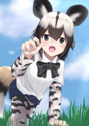 Rule 34 | 10s, 1girl, :o, african wild dog (kemono friends), african wild dog print, animal ears, black eyes, black ribbon, blonde hair, blue sky, blurry, blush, brown hair, claw pose, clenched hand, cloud, cloudy sky, collar, collared shirt, crawling, day, denim, denim shorts, depth of field, dog ears, dog tail, eyelashes, fingernails, grass, hair between eyes, hand up, joji, kemono friends, layered sleeves, long sleeves, looking at viewer, multicolored hair, neck ribbon, open mouth, outdoors, pantyhose, pantyhose under shorts, perspective, ribbon, shiny skin, shirt, short hair, short over long sleeves, short sleeves, shorts, sky, solo, tail, tsurime, two-tone hair, white shirt, wing collar