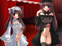 Rule 34 | 2girls, aya (this will never end), bare shoulders, blue eyes, blush, breasts, brown hair, censored, covered erect nipples, erection, futanari, huge penis, large breasts, lolita fashion, long hair, mikage (this will never end), multiple girls, no panties, penis, pussy, red eyes, see-through, socks, soft circle courreges, tajima yoshikazu, thighhighs, this will never end