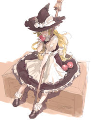 Rule 34 | 1girl, apple, blonde hair, broom, eating, female focus, food, fruit, full body, hat, highres, kirisame marisa, long hair, pomodorosa, simple background, sitting, sketch, solo, touhou, white background, witch, witch hat