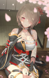 Rule 34 | 1girl, absurdres, bandages, bare shoulders, black kimono, blurry, blurry foreground, blush, breasts, bridal gauntlets, brown hair, cherry blossoms, cleavage, earrings, eltra, flower, from above, hair bun, hair flower, hair ornament, hair over one eye, hand on own chest, highres, honkai (series), honkai impact 3rd, japanese clothes, jewelry, kimono, large breasts, looking at viewer, mole, mole under eye, parted lips, porch, red eyes, rita rossweisse, short hair, short kimono, single hair bun, sitting, sliding doors, smile, solo, thighlet, veranda