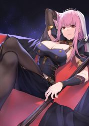 Rule 34 | 1girl, arm up, artist request, belt, black dress, black legwear, breasts, brooch, cape, cleavage, couch, detached sleeves, dress, dutch angle, hair lift, highres, hololive, hololive english, jewelry, large breasts, long hair, looking at viewer, mori calliope, pink hair, red eyes, scythe, see-through, side slit, single detached sleeve, sitting, smile, solo, spikes, tiara, veil, virtual youtuber, white belt