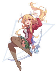 Rule 34 | 1girl, 2022, :d, alisa reinford, blonde hair, boots, bow (weapon), brown footwear, dated, eiyuu densetsu, feng you, floating hair, full body, green skirt, hair between eyes, holding, holding bow (weapon), holding weapon, jacket, long hair, long sleeves, looking at viewer, miniskirt, open mouth, plaid, plaid skirt, pleated skirt, red eyes, red jacket, sen no kiseki, sidelocks, sketch, skirt, smile, solo, thigh boots, thighhighs, two side up, very long hair, weapon, white background, zettai ryouiki