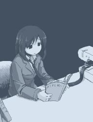Rule 34 | 1girl, black necktie, blue theme, book, collared shirt, hamsterfragment, holding, holding book, long sleeves, monochrome, necktie, no nose, original, reading, sad, self-harm, sewing machine, shirt, sitting, solo, suicide