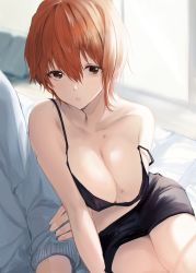 Rule 34 | 1girl, absurdres, akito (d30n26), bare shoulders, black bra, black skirt, blue sweater, bra, breasts, brown eyes, cleavage, commentary request, hair ornament, highres, indoors, large breasts, looking at viewer, miniskirt, nagi (akito), off shoulder, orange hair, original, out of frame, short hair, skirt, solo, strap slip, sweater, thighs, underwear