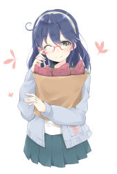Rule 34 | 10s, 1girl, ;), animal print, bag, blue hair, blush, brown eyes, cardigan, cat print, food, glasses, headband, highres, kantai collection, leaf print, long hair, long sleeves, looking at viewer, no legs, one eye closed, open cardigan, open clothes, paper bag, pleated skirt, semi-rimless eyewear, simple background, skirt, smile, solo, standing, sweet potato, tomo futoshi, upper body, ushio (kancolle), white background