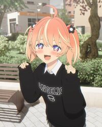 Rule 34 | + +, 1girl, 3d, ahoge, bench, black skirt, black sweater, blender (medium), blonde hair, blush, bright pupils, bush, clothes writing, collared shirt, cowboy shot, day, dot nose, flower, grass, hair flower, hair ornament, hands up, highres, long sleeves, looking at viewer, medium hair, miniskirt, multicolored eyes, multicolored hair, open mouth, orange hair, outdoors, park, park bench, pink eyes, pleated skirt, print sweater, purple eyes, rinne (rinrinne), rinrinne, rinrinne39 (artist), shirt, skirt, sleeves past wrists, smile, solo, standing, streaked hair, sweater, tree, two side up, virtual youtuber, white pupils, white shirt