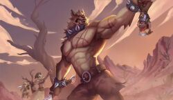 Rule 34 | 1girl, 3boys, abs, acolyte (ragnarok online), angry, animal ear piercing, animal ears, armlet, armpit hair, atroce, bara, bare tree, brown fur, collar, desert, dutch angle, forked eyebrows, furry, furry male, haru feng, highres, holding, holding sword, holding weapon, knife, large pectorals, lifting person, multiple boys, muscular, muscular male, navel hair, novice (ragnarok online), outdoors, pectorals, ragnarok online, red eyes, running, scar, scar across eye, scar on arm, scar on chest, size difference, solid circle eyes, spiked armlet, spiked collar, spikes, sword, swordsman (ragnarok online), topless male, tree, upside-down, weapon, werewolf, wolf boy, wolf ears