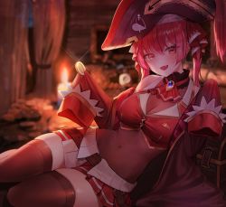 Rule 34 | 1girl, :d, absurdres, bare shoulders, blurry, blurry background, blush, brown thighhighs, cleavage, coat, coin, commentary, cropped jacket, depth of field, fang, gg amang, hair ribbon, hat, heterochromia, highres, holding, holding coin, hololive, houshou marine, jacket, leotard, long hair, long sleeves, looking at viewer, miniskirt, off shoulder, open mouth, orange eyes, pirate hat, pleated skirt, red coat, red eyes, red hair, red jacket, red ribbon, red skirt, ribbon, see-through, see-through cleavage, see-through leotard, skin fang, skirt, sleeveless, sleeveless jacket, sleeves past fingers, sleeves past wrists, smile, solo, thighhighs, twintails, virtual youtuber