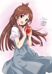 Rule 34 | 1girl, absurdres, antenna hair, apple, blush, brown hair, collarbone, dated, dot nose, dress, food, frilled dress, frills, from side, fruit, gradient background, grey dress, hands up, highres, holding, holding food, holding fruit, idolmaster, idolmaster cinderella girls, idolmaster cinderella girls starlight stage, long hair, looking at viewer, open mouth, pink background, pocket, red eyes, sekiya kuzuyu, short sleeves, signature, smile, solo, tsujino akari