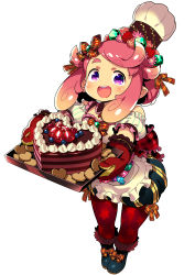 Rule 34 | 1girl, :d, absurdres, blush, cake, candy, character request, chef hat, cookie, food, full body, gradient hair, hat, heart-shaped cake, highres, himukai yuuji, idola phantasy star saga, multicolored hair, open mouth, orange hair, phantasy star, phantasy star online 2, pink hair, purple eyes, red legwear, simple background, smile, solo, star (symbol), star print, toque blanche, white background, wrapped candy