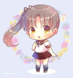 Rule 34 | 1girl, ayanami (kancolle), black socks, brown eyes, brown hair, brown sailor collar, brown skirt, chestnut mouth, chibi, commentary request, floral background, full body, kantai collection, kneehighs, kou hiyoyo, long hair, looking at viewer, one-hour drawing challenge, open mouth, pleated skirt, sailor collar, school uniform, serafuku, side ponytail, skirt, socks, solo, standing