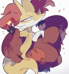 Rule 34 | 1other, akadako, animal ear fluff, animal ears, animal nose, blonde hair, body fur, commentary request, creatures (company), delphox, fox ears, fox girl, fox tail, full body, furry, game freak, gen 6 pokemon, half-closed eyes, long hair, looking at viewer, multicolored fur, nintendo, one-hour drawing challenge, pokemon, pokemon (creature), red eyes, red fur, red hair, simple background, solo, tail, white background, yellow fur