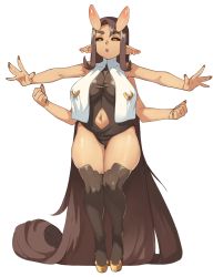 Rule 34 | 1girl, :o, absurdly long hair, black sclera, breasts, brown hair, brown leotard, brown thighhighs, clothing cutout, colored sclera, earrings, extra arms, full body, gluteal fold, high heels, highres, horns, jewelry, large breasts, leotard, long hair, monster girl, navel cutout, nipple piercing, original, parted lips, piercing, piercing through clothes, pointy ears, simple background, skin-covered horns, slit pupils, solo, standing, thigh gap, thighhighs, very long hair, vins-mousseux, white background, yellow eyes