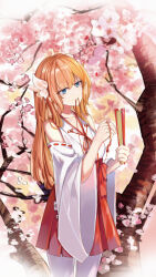 Rule 34 | 1girl, absurdres, aihara mai, blonde hair, blue eyes, blush, breasts, cherry blossoms, closed mouth, commentary request, cowboy shot, detached sleeves, flower, folding fan, hair flower, hair ornament, hakama, hakama skirt, hand fan, head tilt, highres, holding, holding fan, japanese clothes, long hair, mahjong soul, medium bangs, medium breasts, miko, mouth hold, pantyhose, red skirt, ribbon-trimmed sleeves, ribbon trim, shirt, skirt, sleeveless, sleeveless shirt, solo, standing, tree, white flower, white pantyhose, white shirt, white sleeves, wide sleeves, wind--chaser
