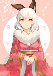Rule 34 | 1girl, animal ears, bad id, bad pixiv id, closed mouth, floral print, fur collar, fur trim, highres, japanese clothes, kimono, koretsuki azuma, long hair, long sleeves, looking at viewer, original, own hands together, paw print, paw print background, pink kimono, print kimono, red eyes, silver hair, smile, solo, translated, two-tone background, wavy hair, wide sleeves