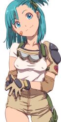 Rule 34 | 1girl, aonori misuji, asymmetrical clothes, bandaid, bandaid on face, blue eyes, blue hair, breasts, bulma, closed mouth, covered erect nipples, dragon ball, dragon ball (classic), gloves, goggles, looking at viewer, medium breasts, medium hair, own hands together, side ponytail, simple background, single pantsleg, solo, standing, white background