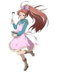 Rule 34 | 1girl, apron, blue sweater, boots, bow, brown eyes, brown hair, chocolate, floating hair, frilled apron, frills, full body, grey footwear, hair bow, holding, hood, hooded sweater, isami (log horizon), leg up, log horizon, long hair, looking at viewer, official art, parted lips, pink apron, polka dot, polka dot bow, purple eyes, solo, standing, standing on one leg, sweater, transparent background, very long hair