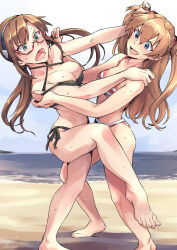 Rule 34 | 2girls, barefoot, beach, bikini, black bikini, blue eyes, breasts, brown hair, catfight, commentary request, disgust, forced, glasses, interface headset, jelly shrimp, looking at another, low twintails, makinami mari illustrious, medium breasts, multiple girls, navel, neon genesis evangelion, open mouth, rebuild of evangelion, semi-rimless eyewear, souryuu asuka langley, striped bikini, striped clothes, swimsuit, twintails, wide hips