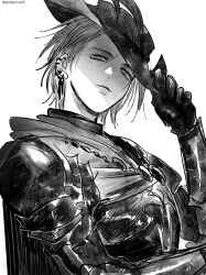 Rule 34 | 1girl, androgynous, armor, ear piercing, earrings, expressionless, final fantasy, final fantasy xiv, from side, gloves, goldenriver8, greyscale, hand on headwear, hand up, hat, jewelry, looking at viewer, monochrome, multiple piercings, pauldrons, piercing, reaper (final fantasy), reverse trap, short hair, shoulder armor, simple background, sketch, solo, tricorne, twitter username, upper body, white background, zero (ff14)