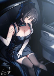 Rule 34 | 1girl, bare shoulders, black hair, black thighhighs, blue dress, blush, bracelet, breasts, car, cleavage, dress, elbow gloves, genyaky, gloves, hair ornament, highres, jewelry, large breasts, long hair, looking at viewer, motor vehicle, original, parted lips, ponytail, signature, sitting, smile, solo, thighhighs, thighs, white gloves, yellow eyes
