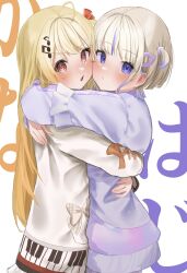 Rule 34 | 2girls, absurdres, ahoge, blonde hair, blunt bangs, blush, bow, brown bow, cheek-to-cheek, commentary, fortissimo, hair ornament, hair ribbon, hairclip, heads together, highres, hololive, hololive dev is, hug, iridescent, jacket, looking at viewer, multicolored hair, multiple girls, musical note, musical note hair ornament, open mouth, otonose kanade, piano keys, piano print, plaid, plaid bow, purple eyes, purple hair, purple jacket, red eyes, red ribbon, ribbon, short hair, simple background, streaked hair, todoroki hajime, two side up, upper body, uzuraa, v-shaped eyebrows, virtual youtuber, white background, white jacket