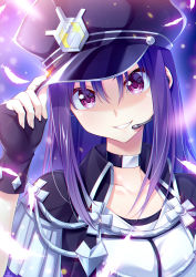 Rule 34 | 1girl, alternate hairstyle, believe again, choker, commentary request, feathers, fingerless gloves, gloves, hair down, highres, jacket, kazuno sarah, long hair, looking at viewer, love live!, love live! sunshine!!, purple eyes, purple hair, saikyo pink fp, short sleeves, sidelocks, smile, solo, upper body