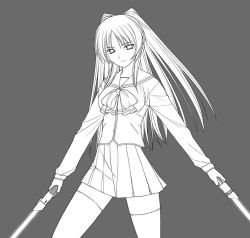 Rule 34 | 00s, 1girl, a1 (initial-g), dual wielding, energy sword, female focus, grey background, greyscale, hands on own hips, holding, kousaka tamaki, lightsaber, long hair, monochrome, pleated skirt, school uniform, serafuku, simple background, skirt, solo, spread legs, standing, sword, thighhighs, to heart (series), to heart 2, weapon, zettai ryouiki