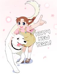 Rule 34 | 1girl, 2018, alexander (fma), blue eyes, braid, brown hair, child, dog, english text, fullmetal alchemist, happy new year, highres, mary janes, new year, nina tucker, open mouth, shoes, smile, techsupportdog, thick outlines, twin braids